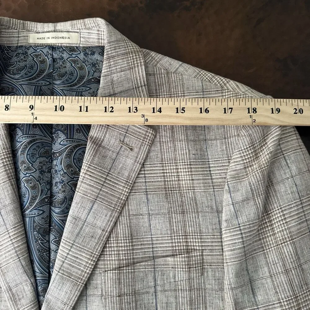 Joseph Abboud Paisley Linen Blazer Men 44S Slim Tan Plaid 2 Button Sport Coat